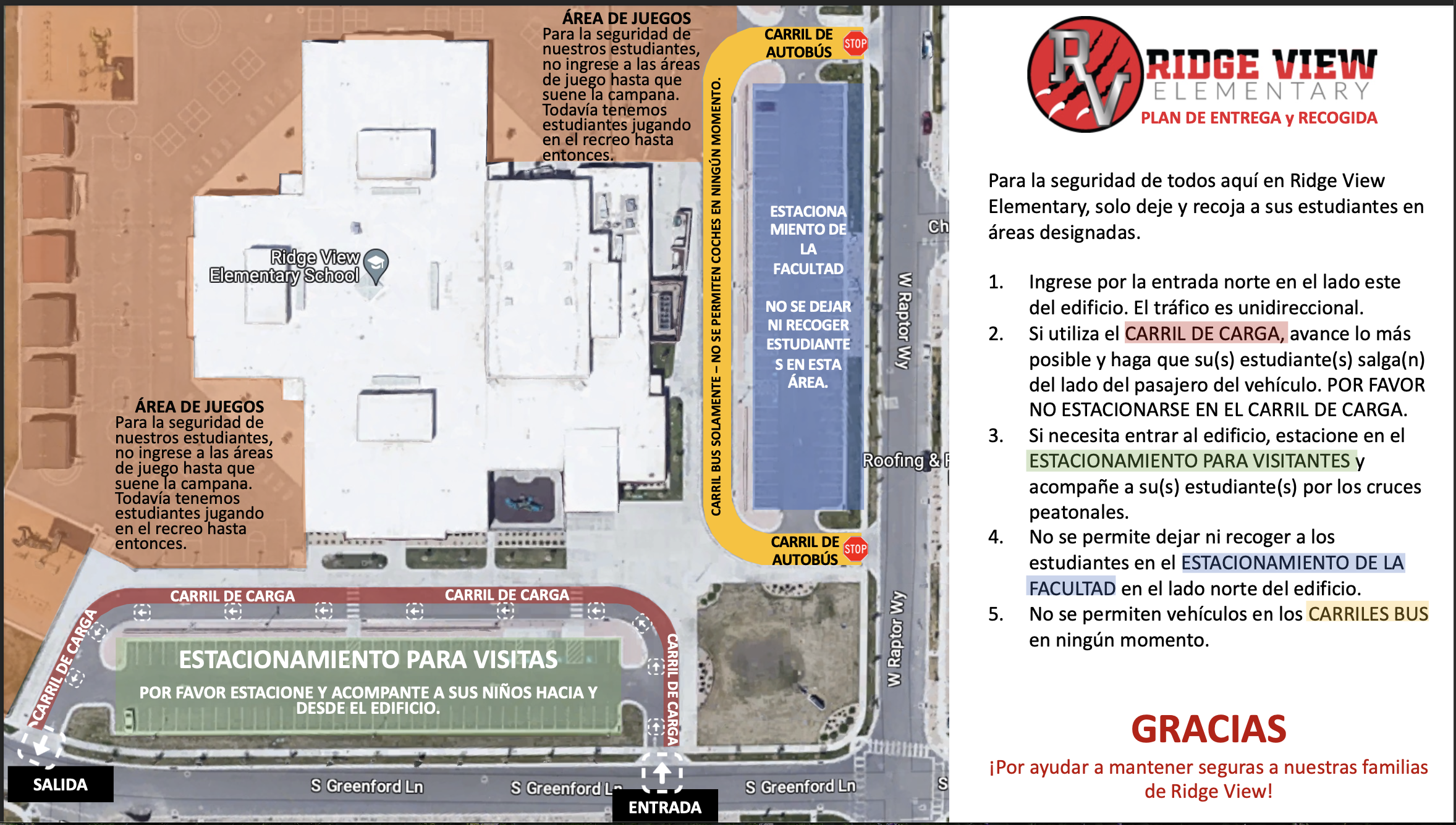 Spanish - Drop off and pick up plan for Ridge View Elementary